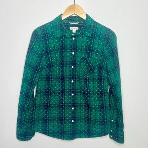 Merona Plaid Shirt. Green & Navy Button Down Shirt with White Dots, Small